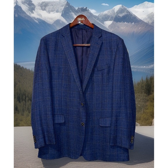 Jos A Bank Blazer Men Blue Plaid 46L Slim Fit Linen Wool Wedding Business Resort - Picture 1 of 11